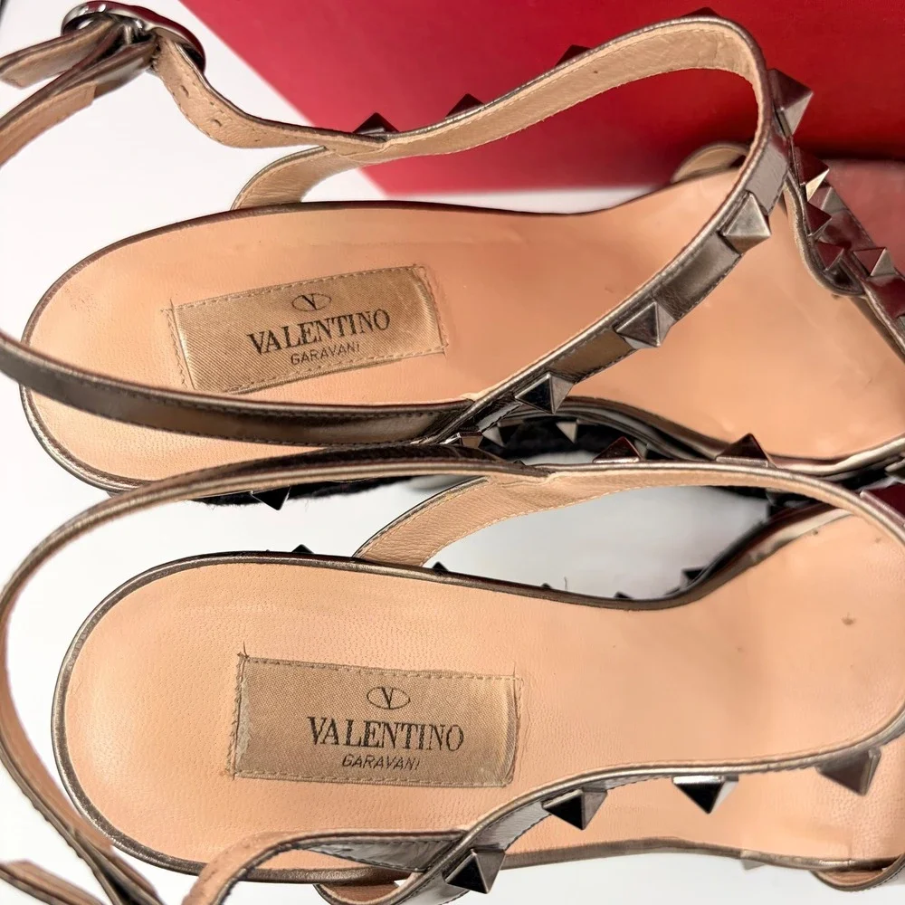 Valentino Rockstud Wedge Sandals 39.5 Gunmetal Metallic Espadrille Heels Box Bag - Picture 5 of 10